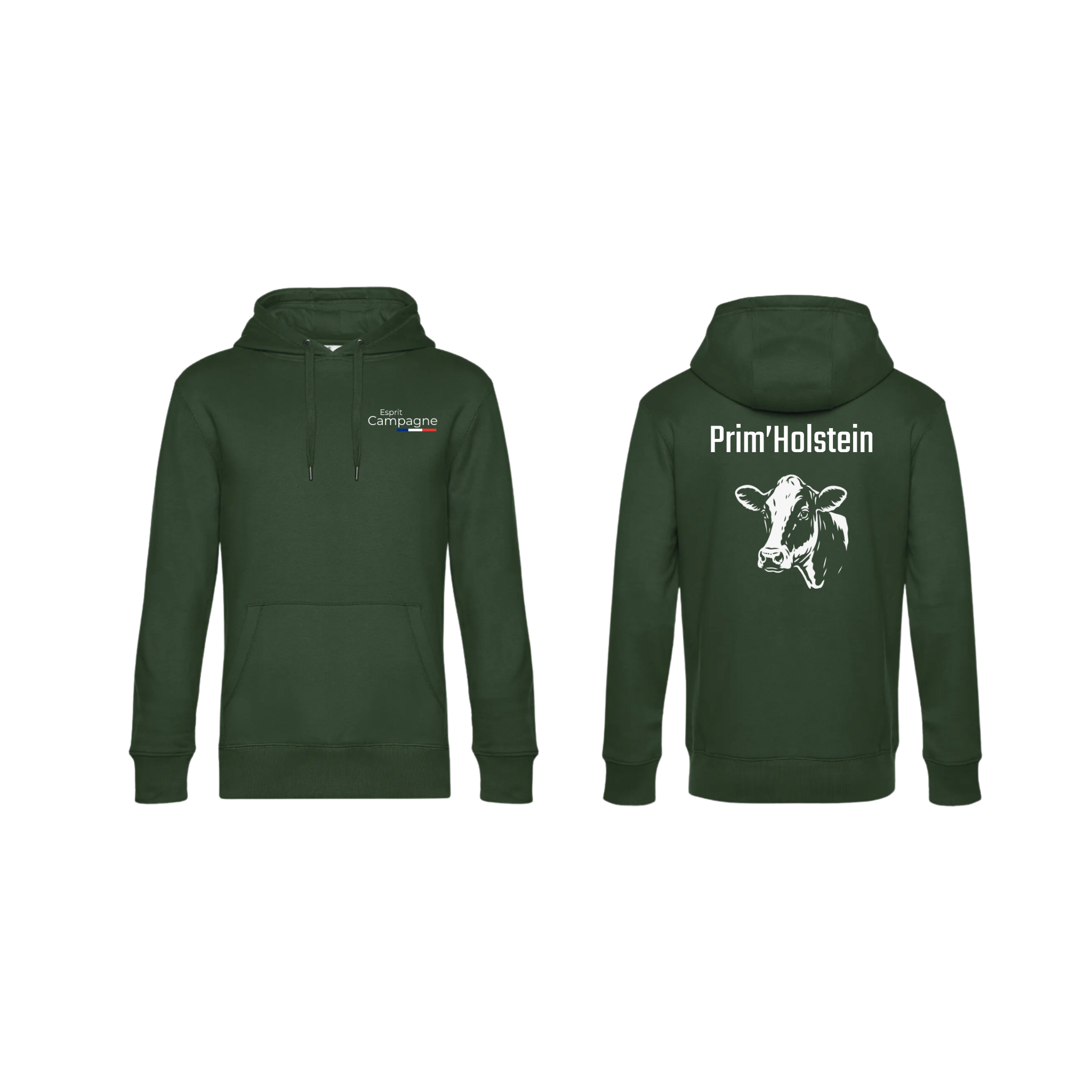 Pull à capuche vert agriculture personnalisable - tête de vache et engin agricole