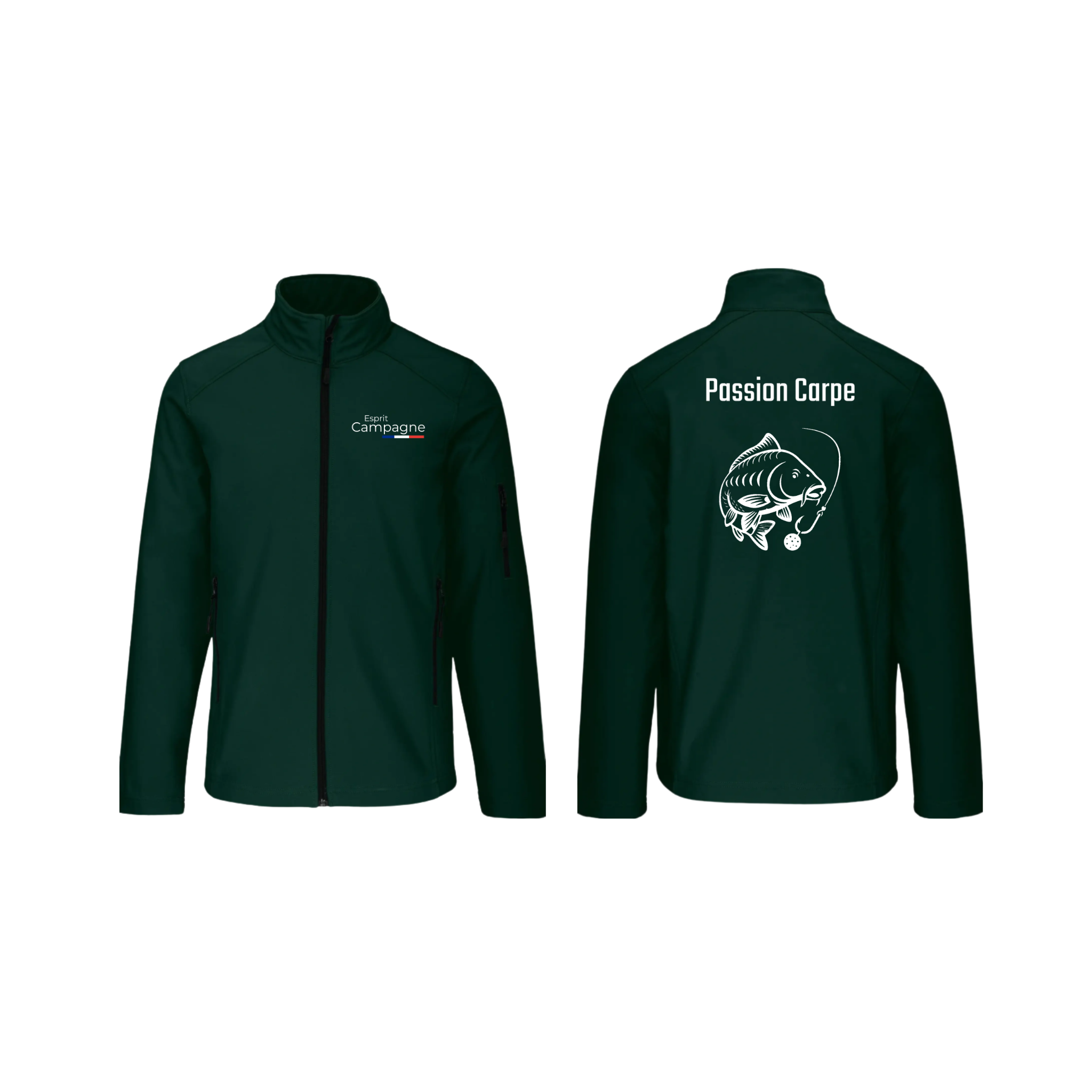 Vestes softshell vert pêche personnalisable - espèces de poissons au choix