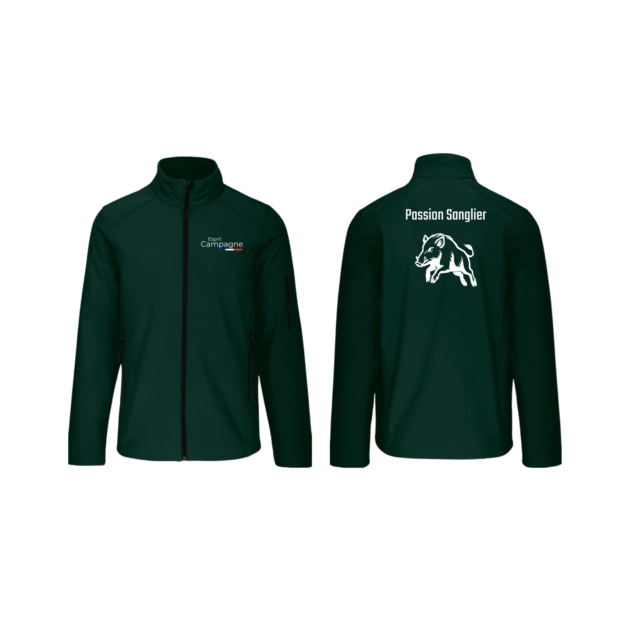 Vestes softshell vert chasse personnalisable - tête de chien et gibier