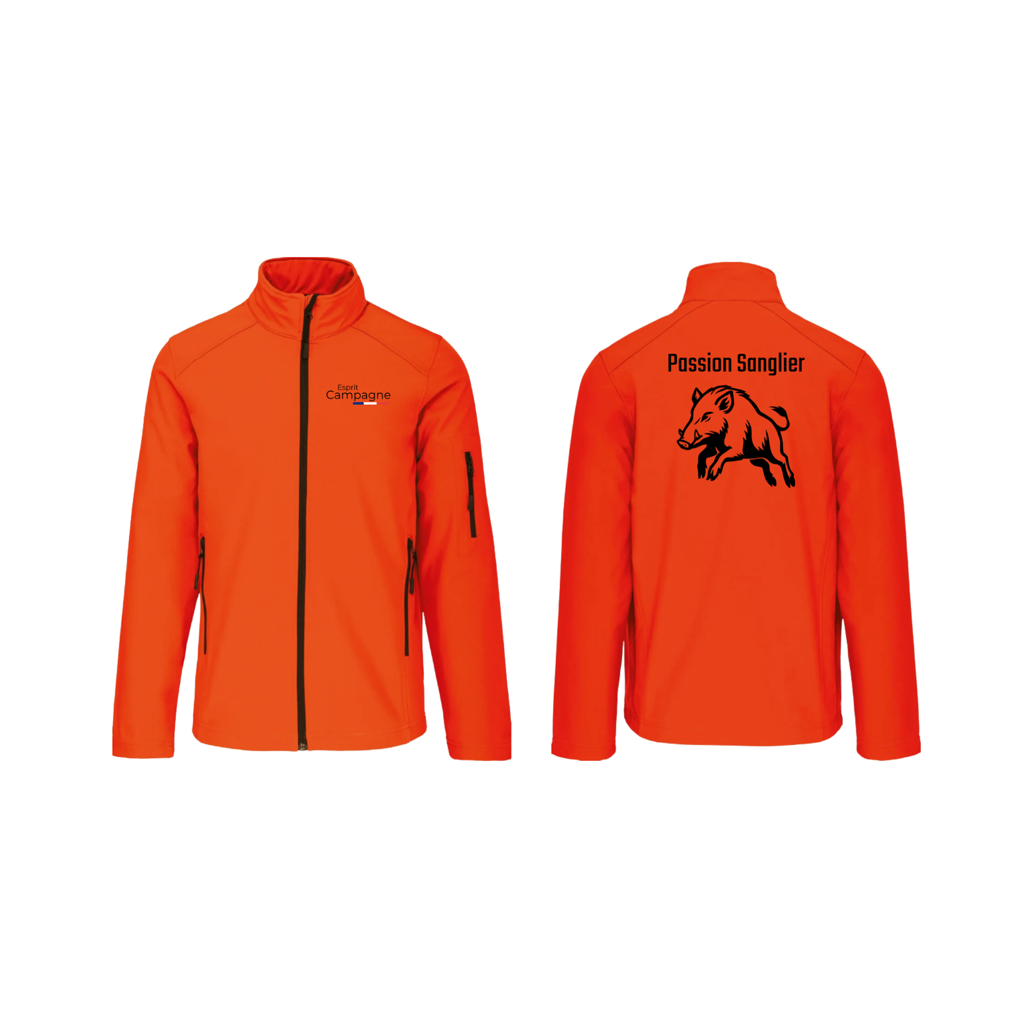 Vestes softshell orange chasse personnalisable - tête de chien et gibier