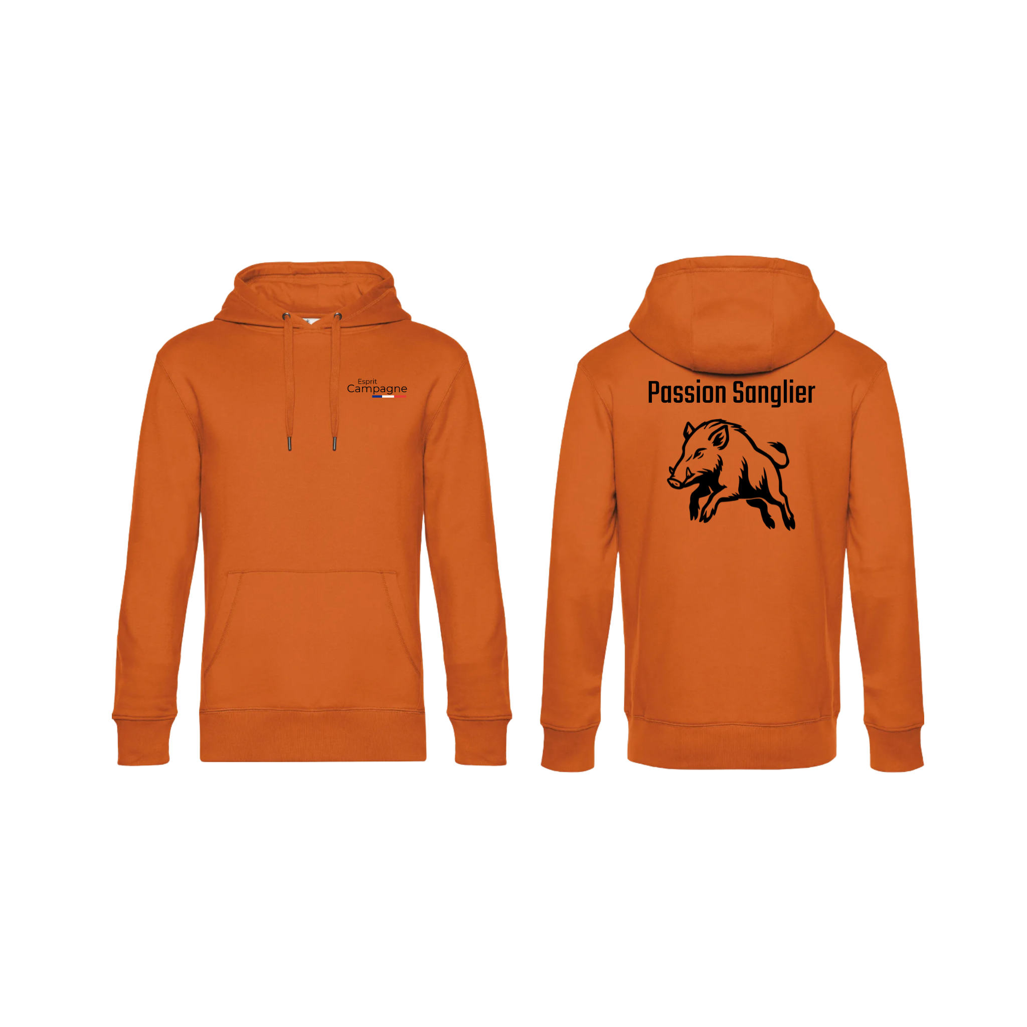 Pull à capuche orange chasse personnalisable - tête de chien et gibier