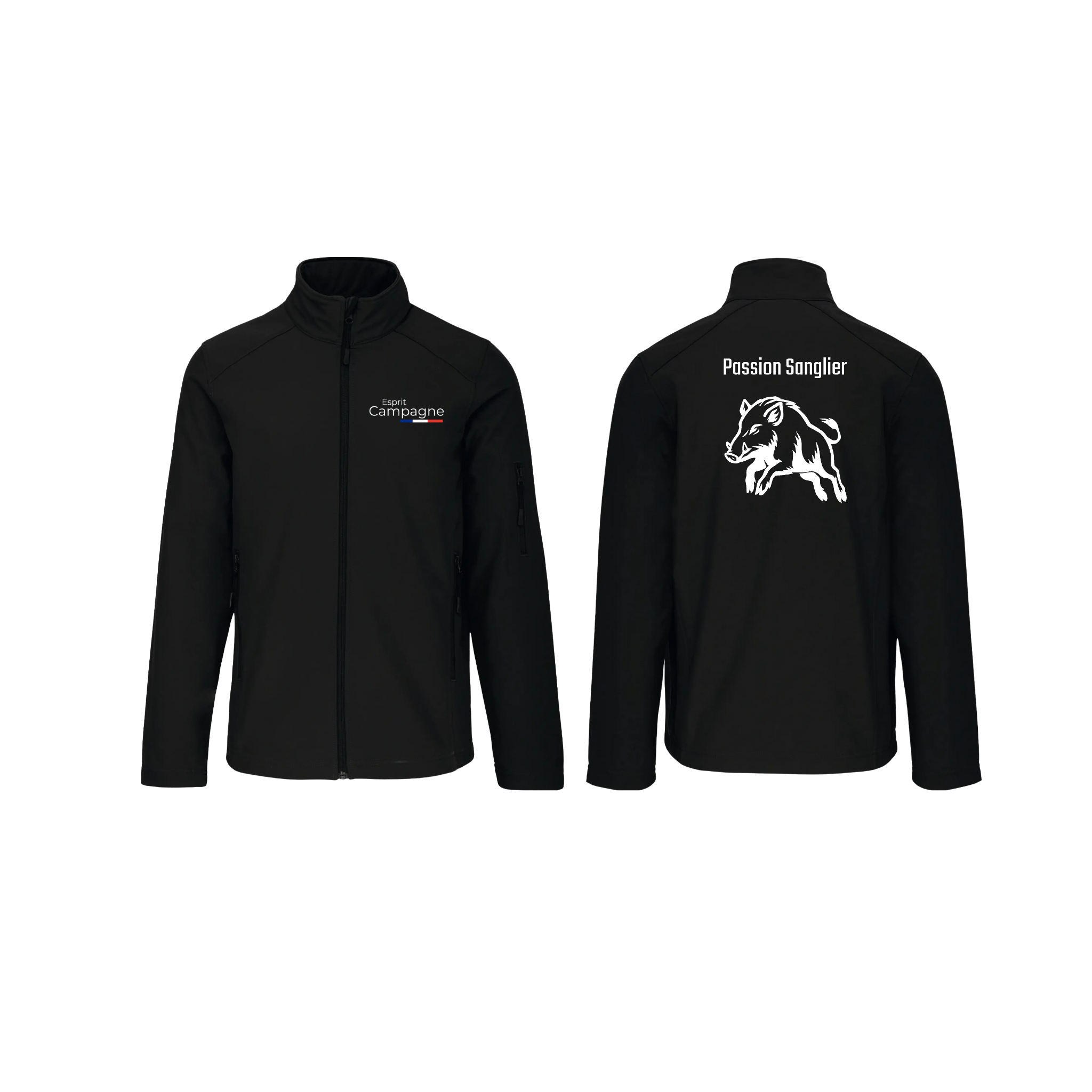 Vestes softshell noir chasse personnalisable - tête de chien et gibier