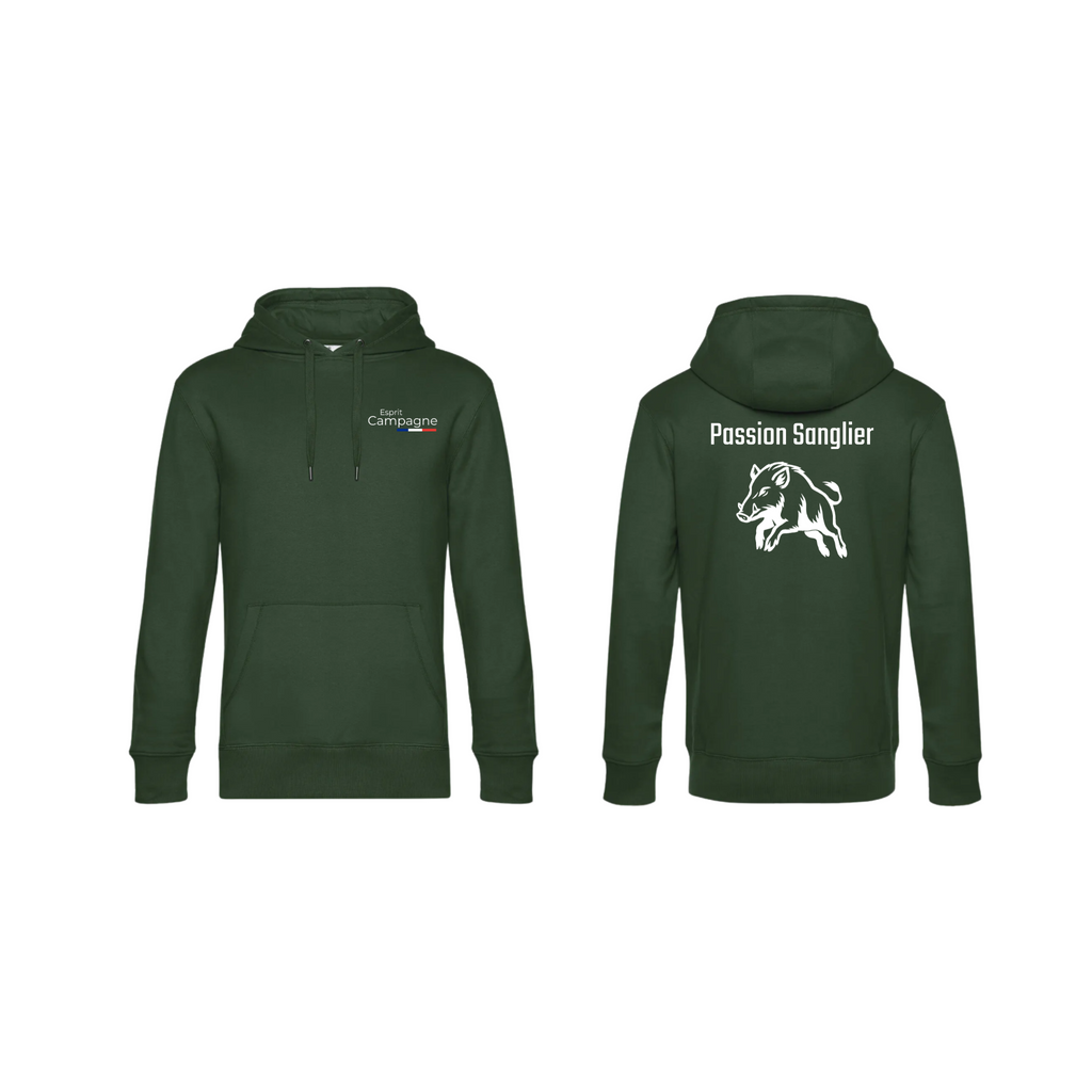 Pull à capuche vert chasse personnalisable - tête de chien et gibier