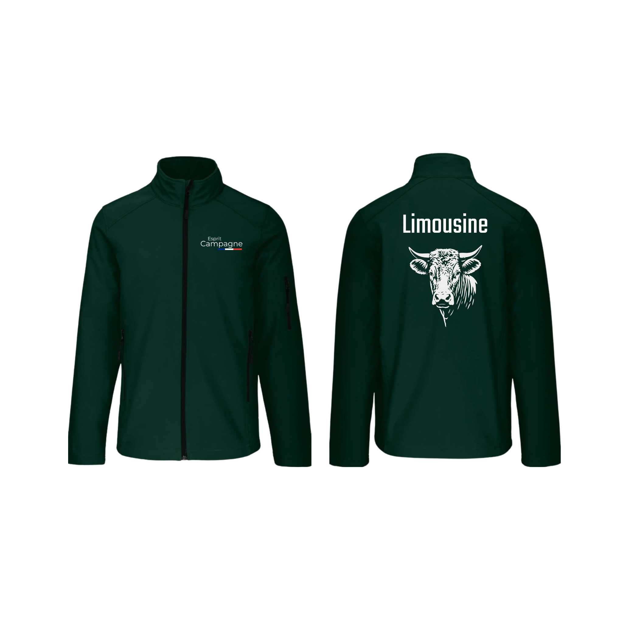 Vestes softshell vert agriculture personnalisable - tête de vache et engin agricole
