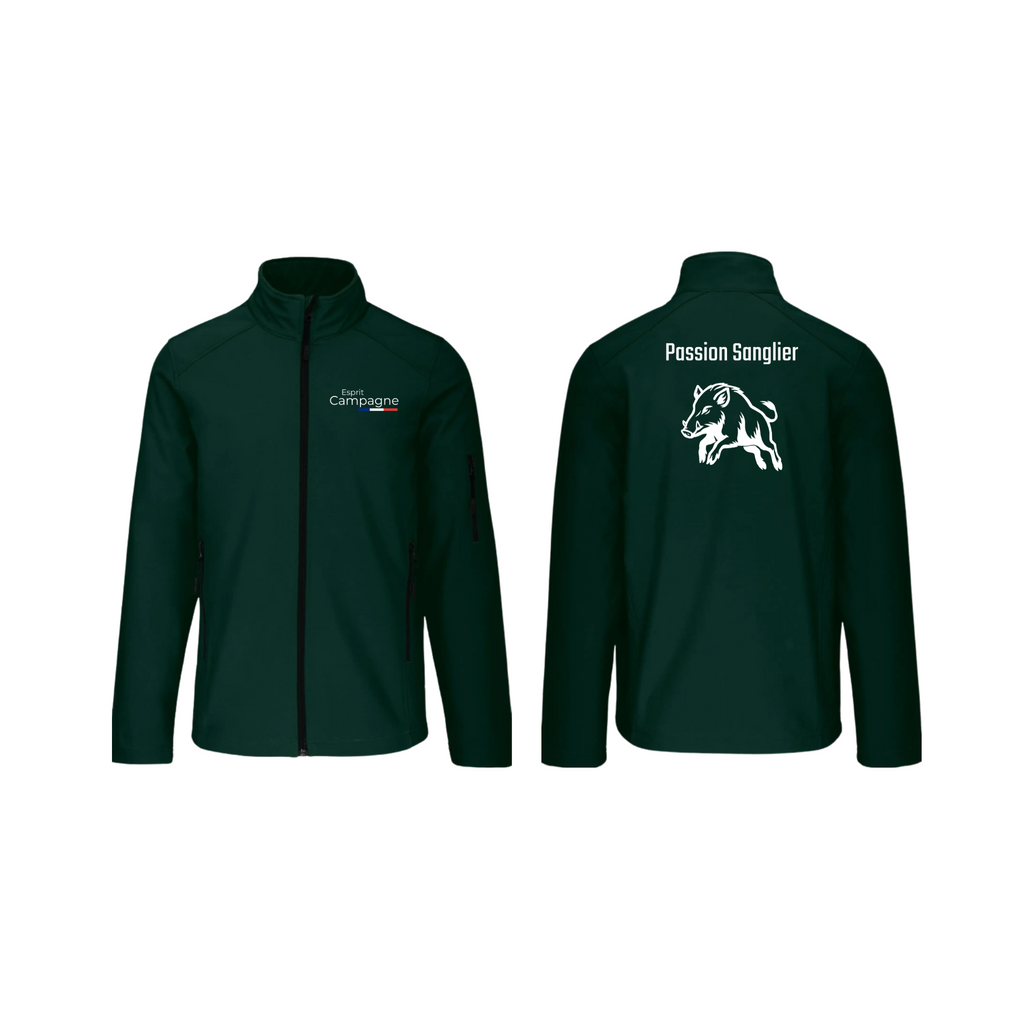Vestes softshell vert chasse personnalisable - tête de chien et gibier