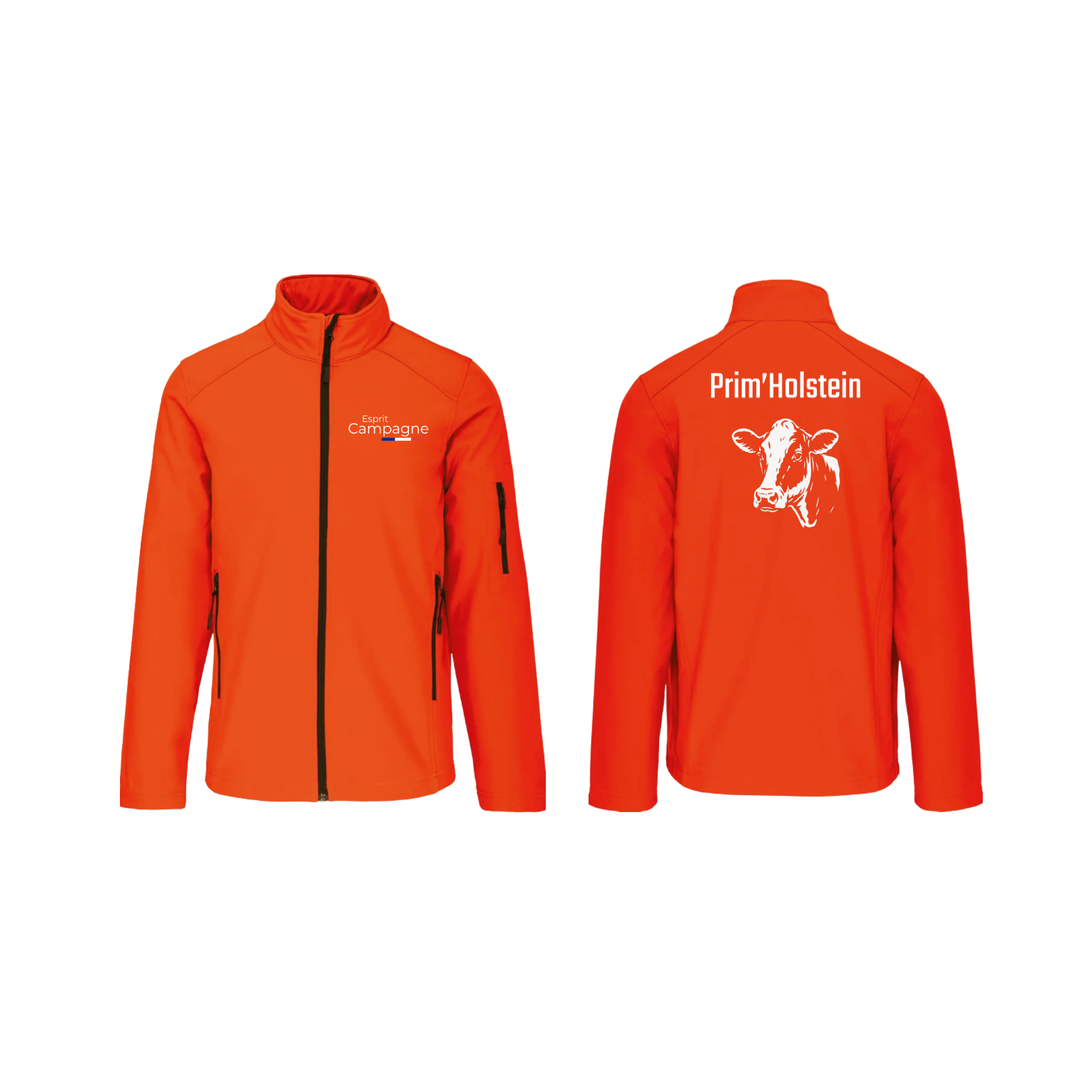 Vestes softshell orange agriculture personnalisable - tête de vache et engin agricole