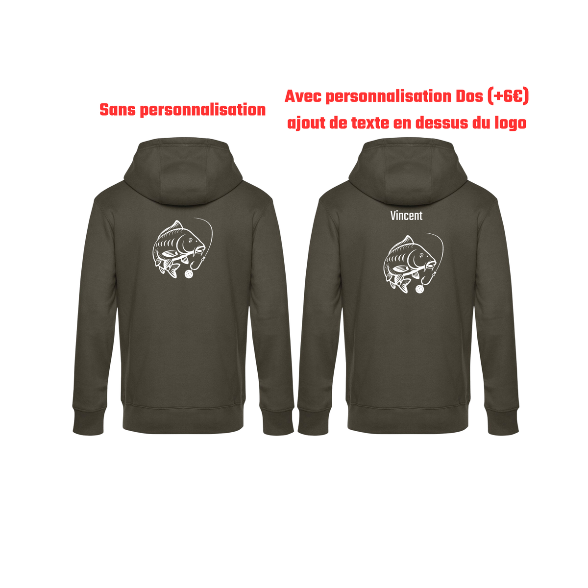 Pull à capuche kaki pêche personnalisable - espèces de poissons au choix