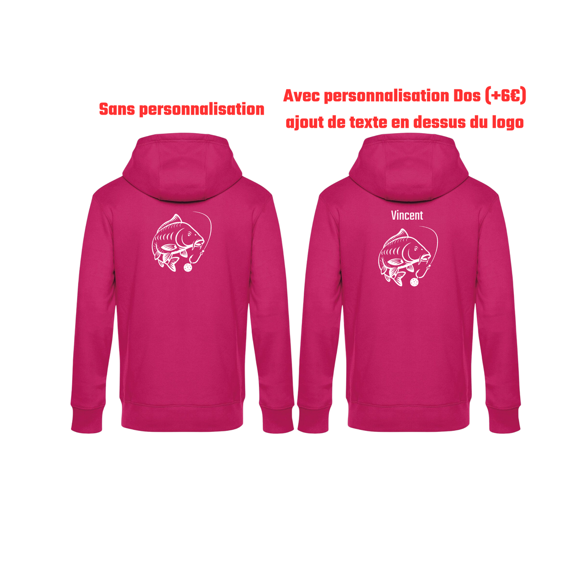 Pull à capuche fushia pêche personnalisable - espèces de poissons au choix