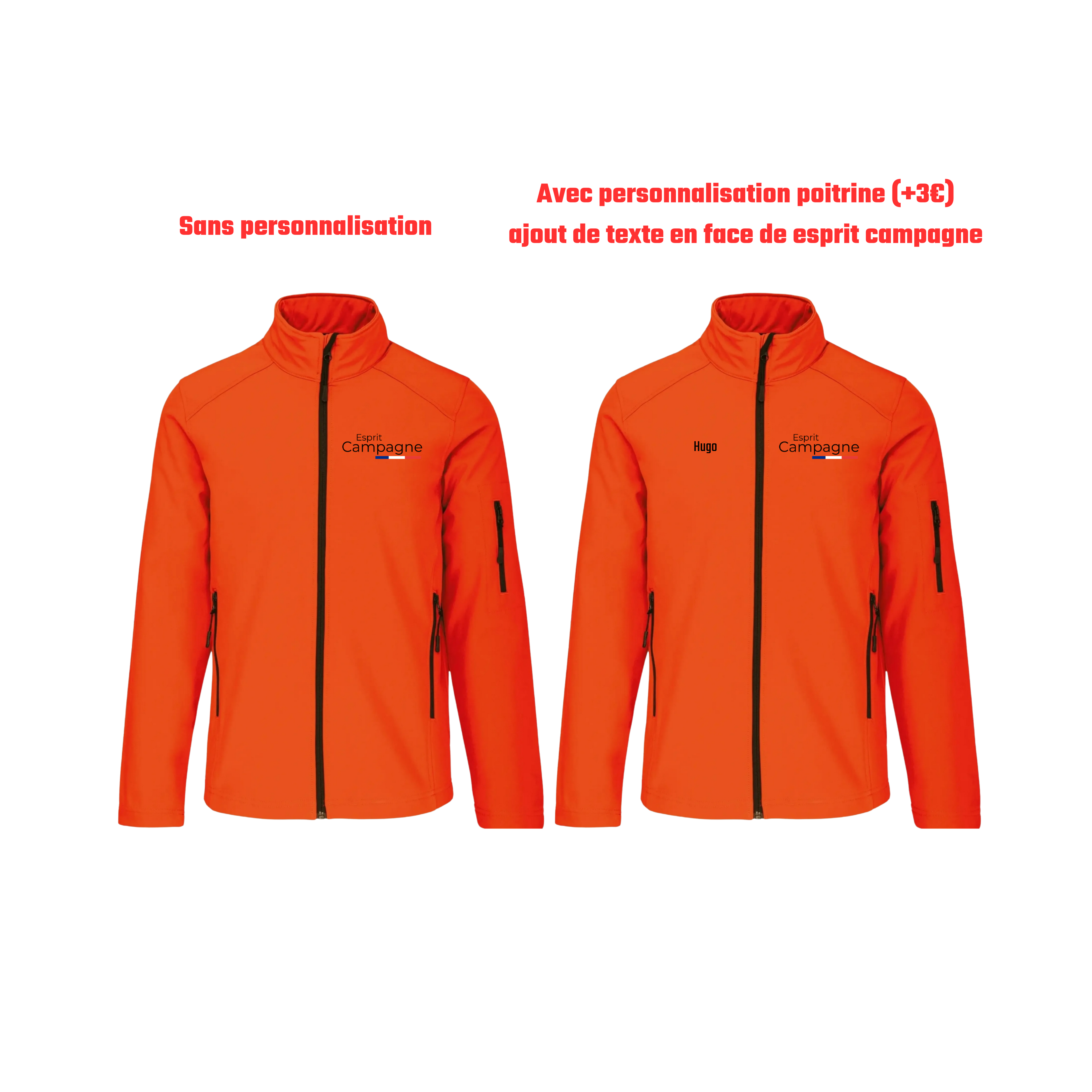 Vestes softshell orange chasse personnalisable - tête de chien et gibier