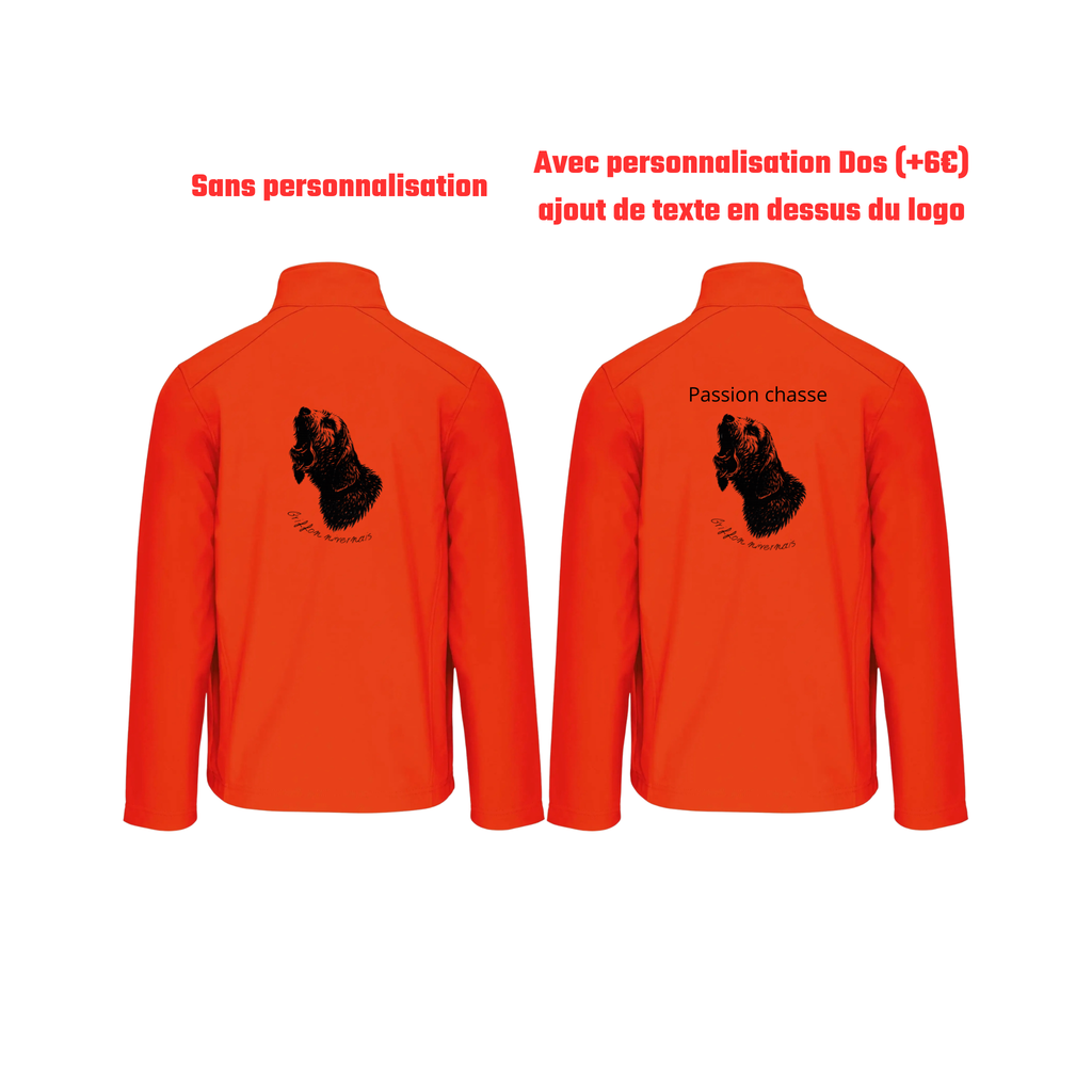 Vestes softshell orange chasse personnalisable - tête de chien et gibier