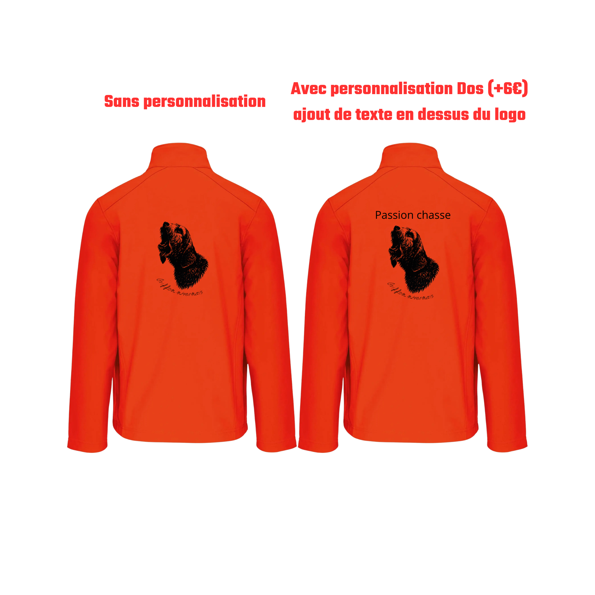 Vestes softshell orange chasse personnalisable - tête de chien et gibier
