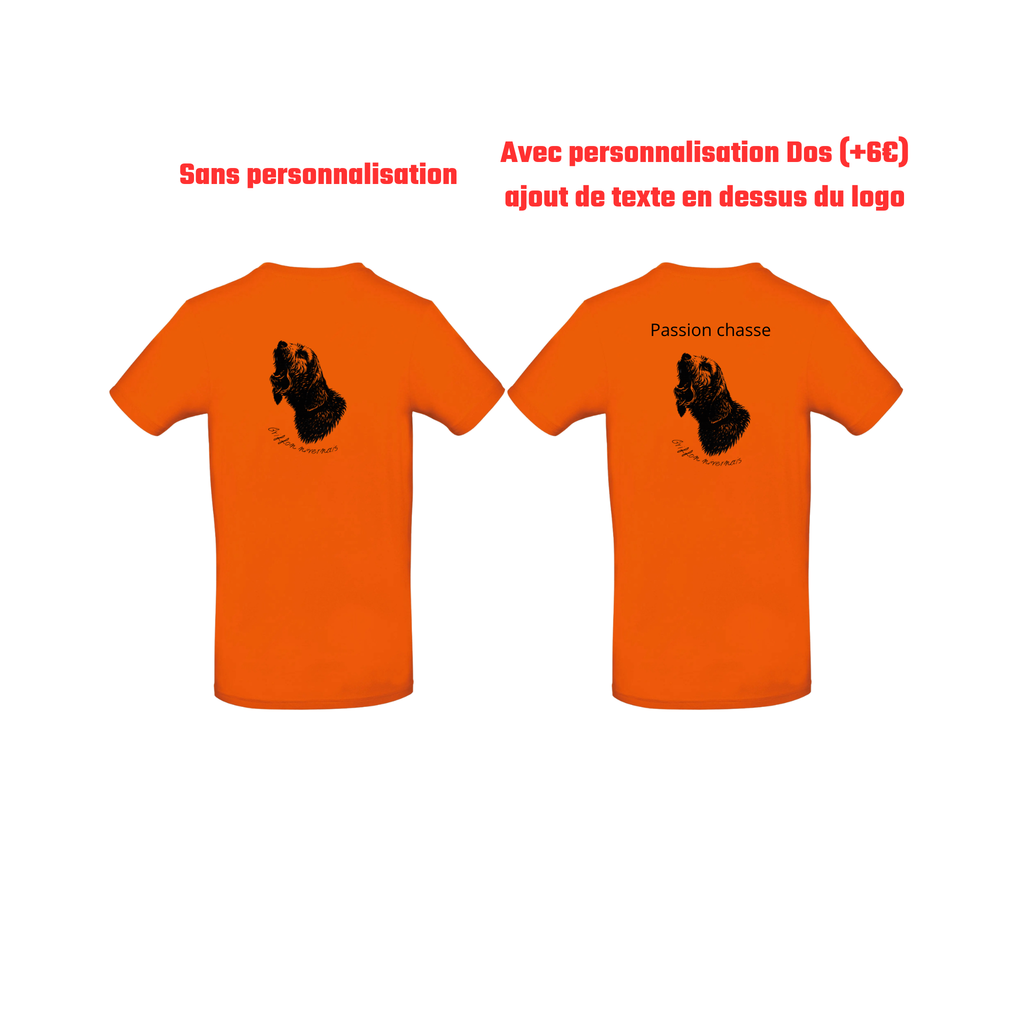T-shirt orange chasse personnalisable - tête de chien et gibier
