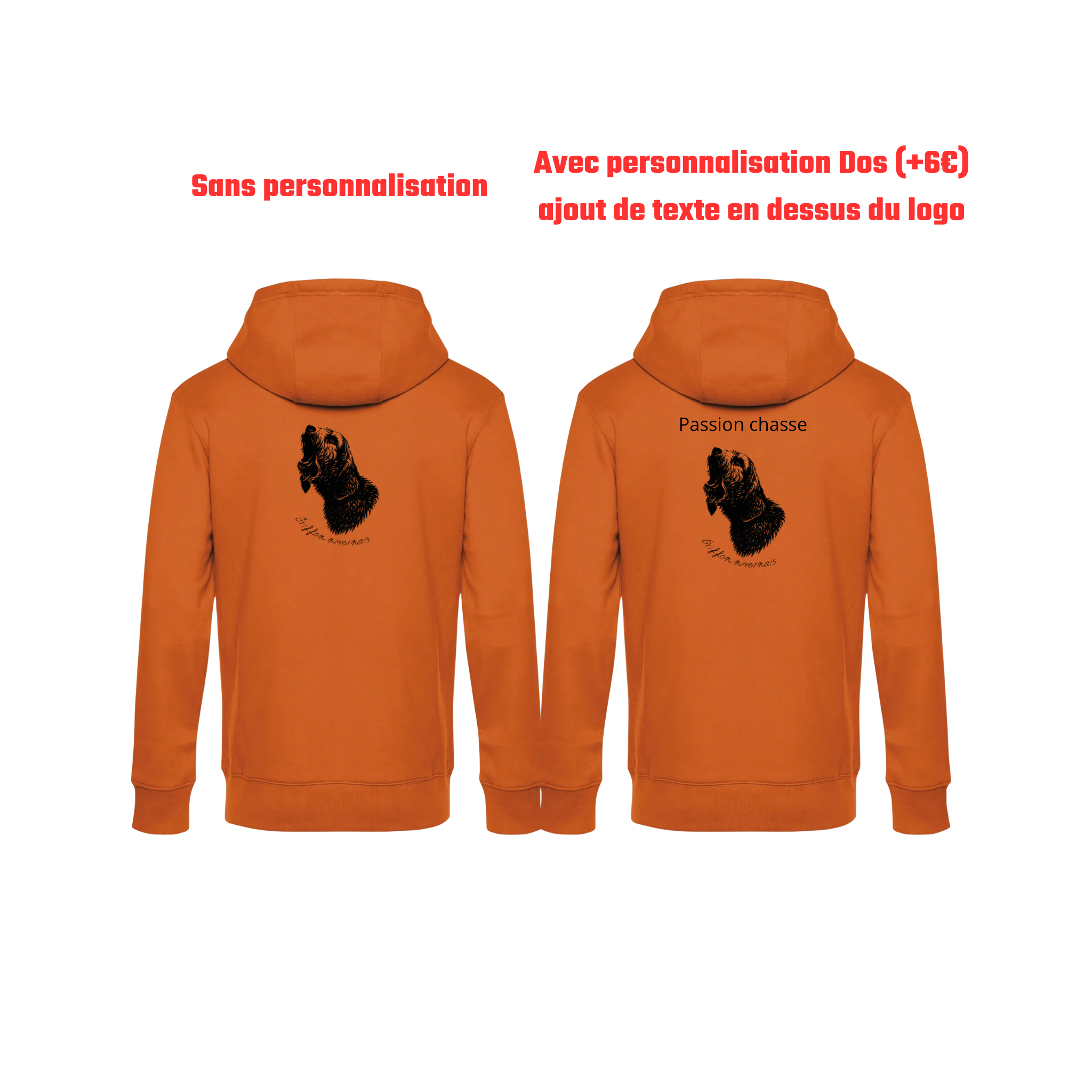 Pull à capuche orange chasse personnalisable - tête de chien et gibier