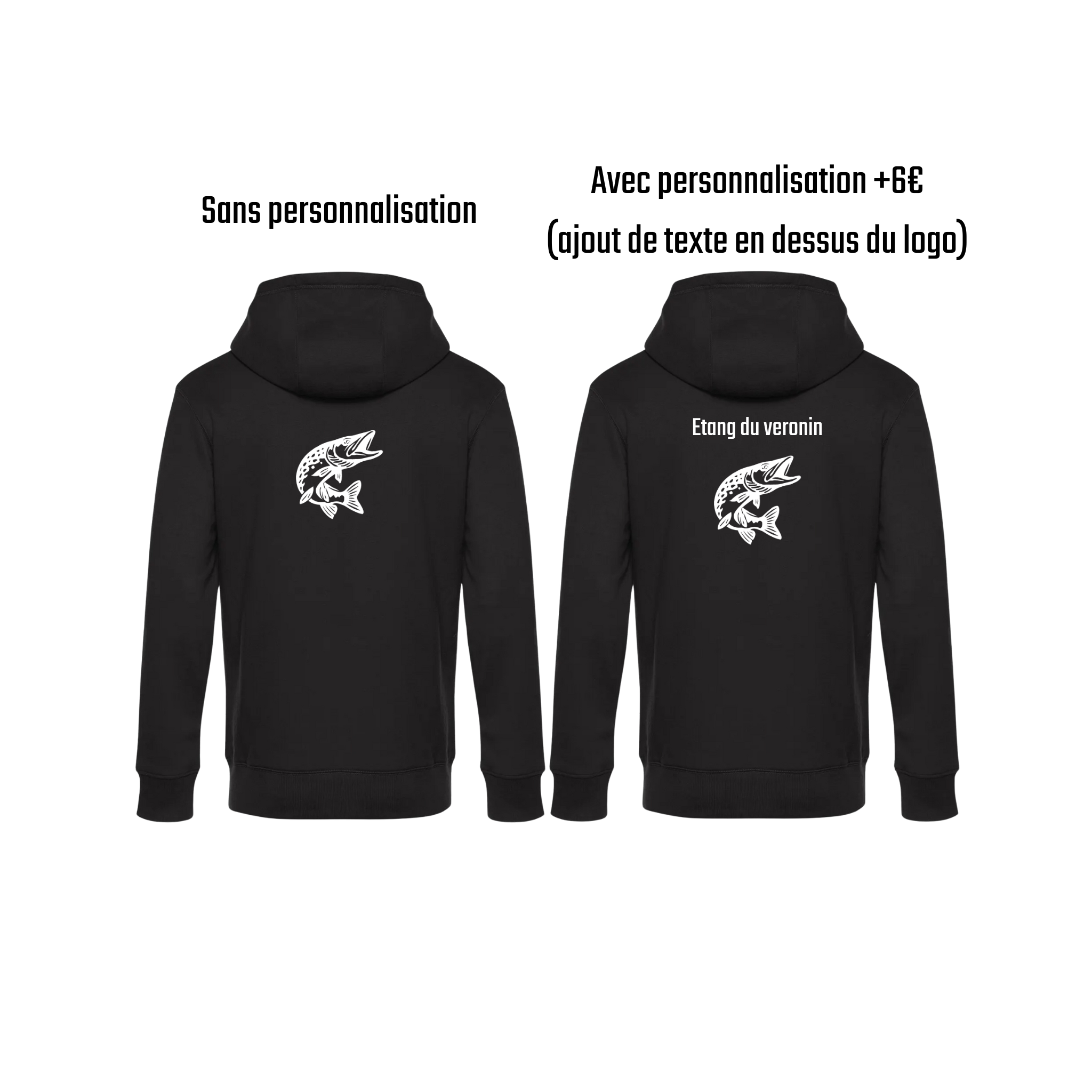 Pull à capuche noir pêche personnalisable - espèces de poissons au choix
