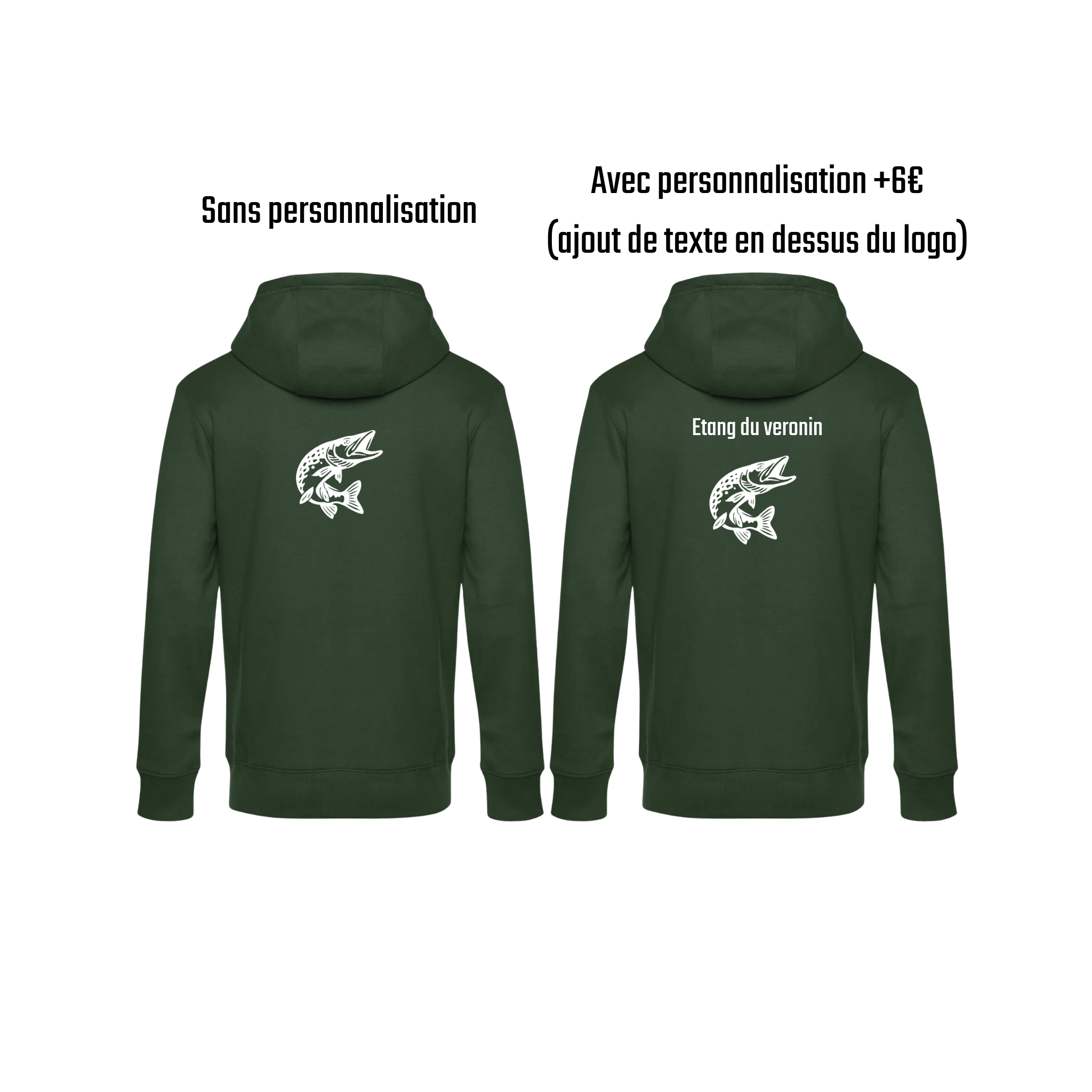 Pull à capuche vert pêche personnalisable - espèces de poissons au choix