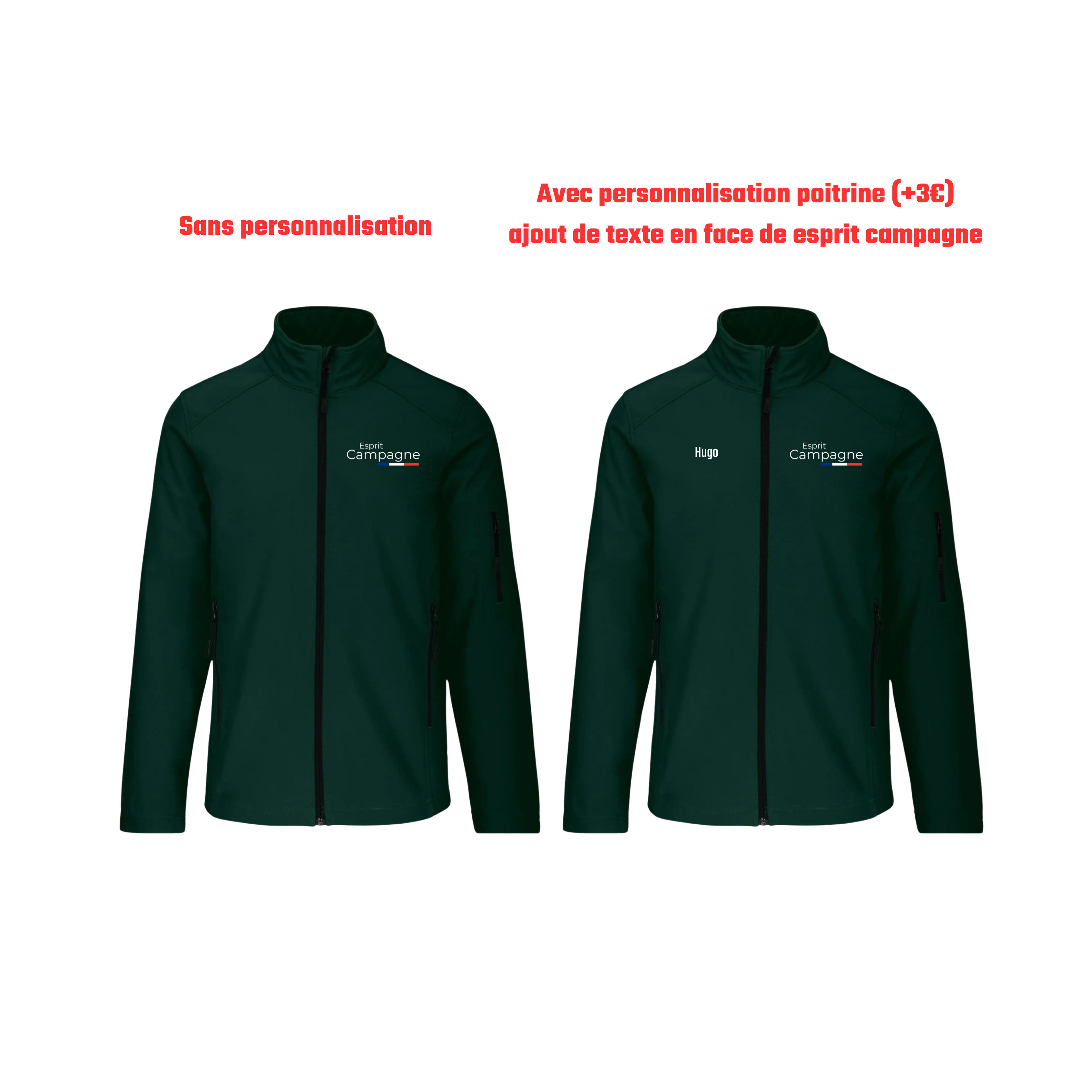 Vestes softshell vert chasse personnalisable - tête de chien et gibier