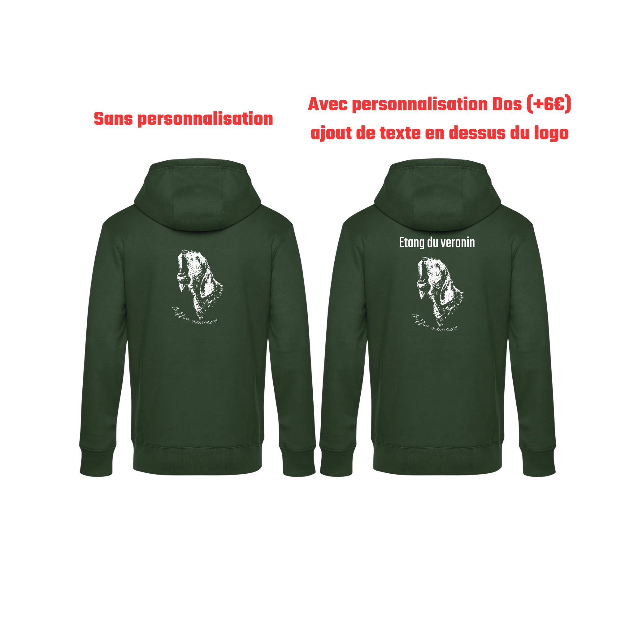 Pull à capuche vert chasse personnalisable - tête de chien et gibier