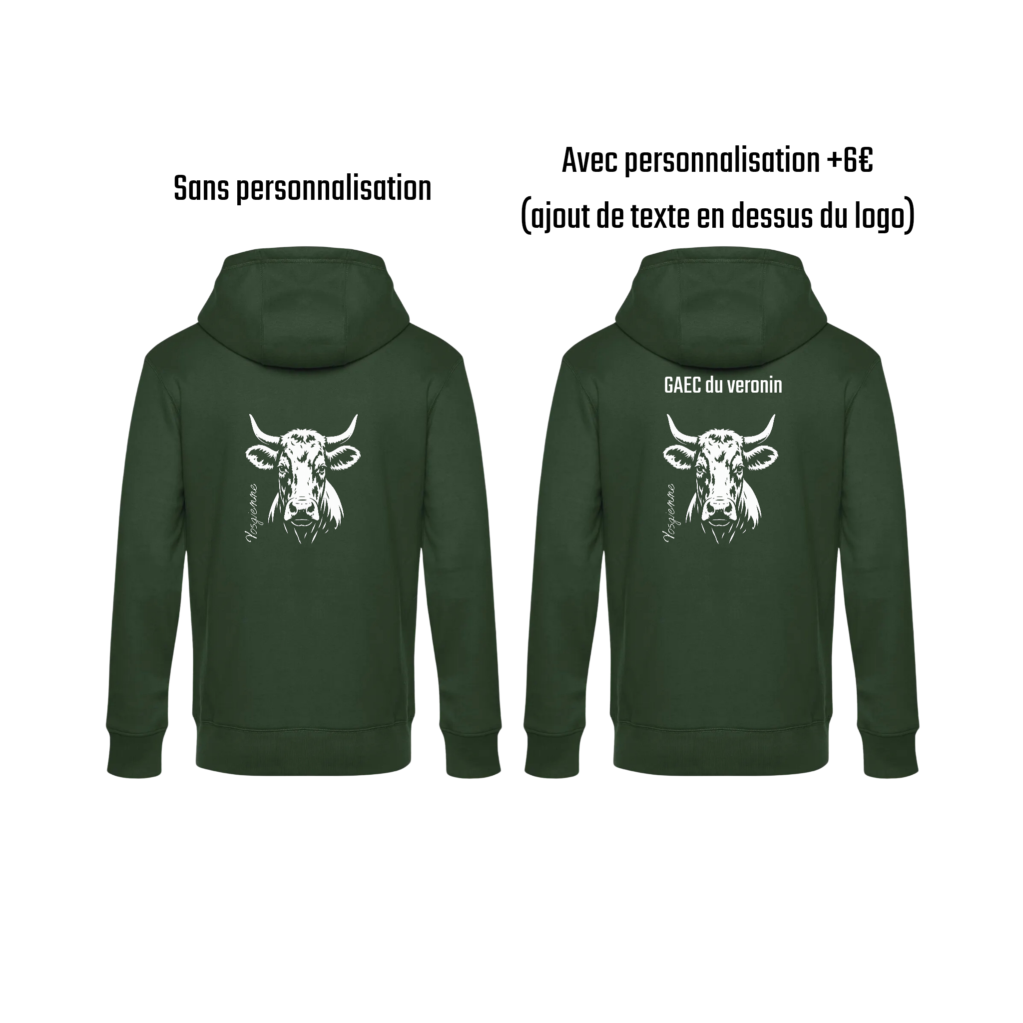 Pull à capuche vert agriculture personnalisable - tête de vache et engin agricole
