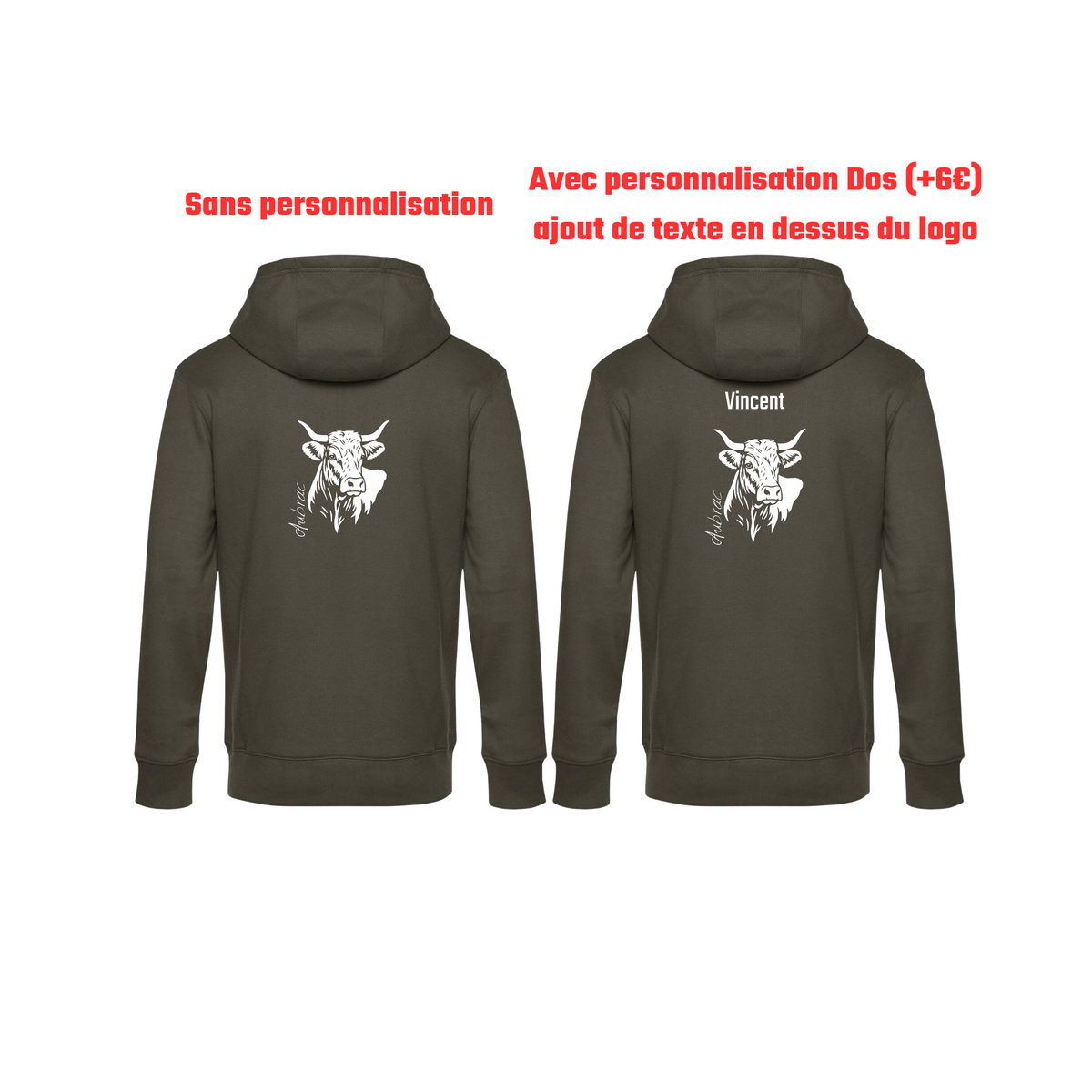 Pull à capuche kaki agriculture personnalisable - tête de vache et engin agricole