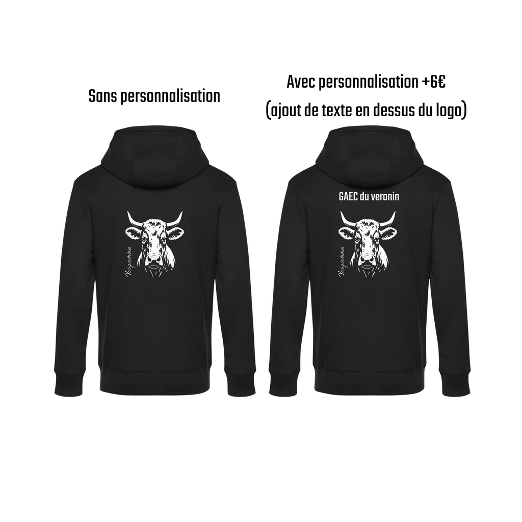 Pull à capuche noir agriculture personnalisable - tête de vache et engin agricole