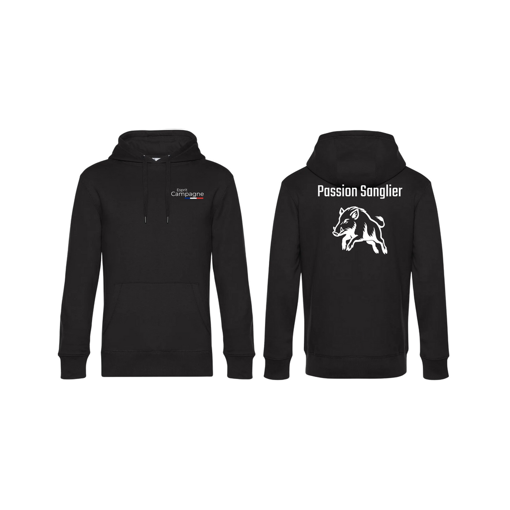 Pull à capuche noir chasse personnalisable - tête de chien et gibier
