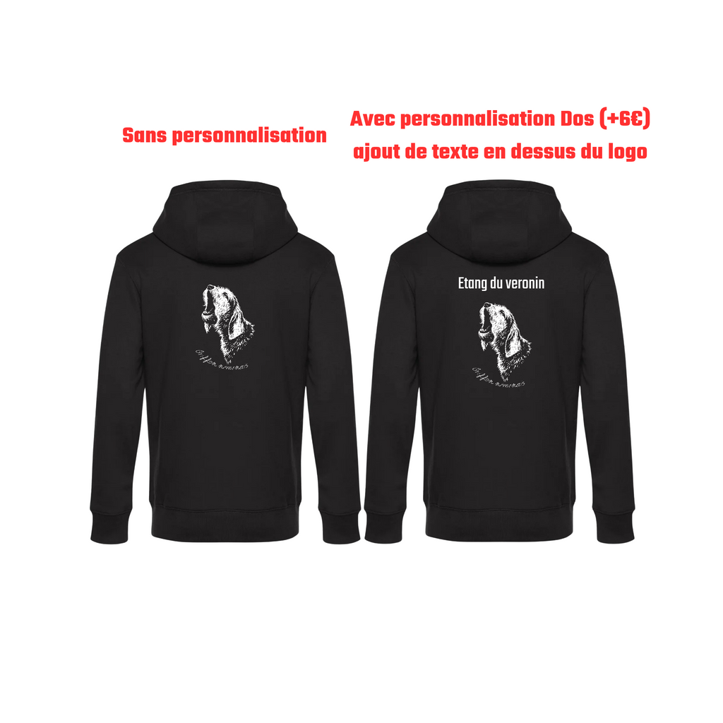 Pull à capuche noir chasse personnalisable - tête de chien et gibier
