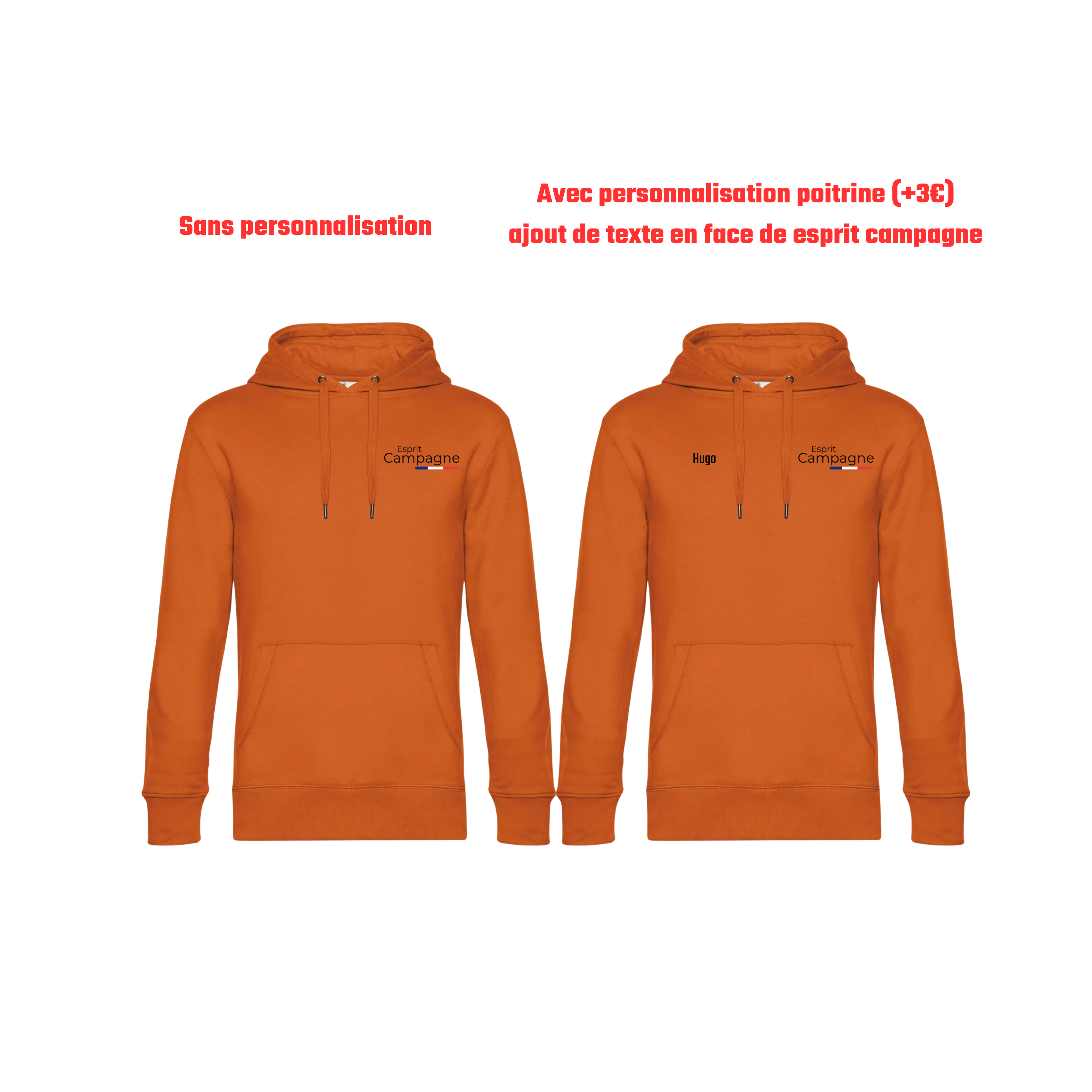 Pull à capuche orange chasse personnalisable - tête de chien et gibier