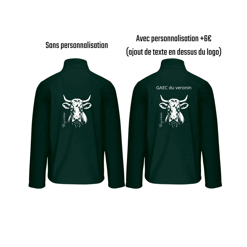 Vestes softshell vert agriculture personnalisable - tête de vache et engin agricole