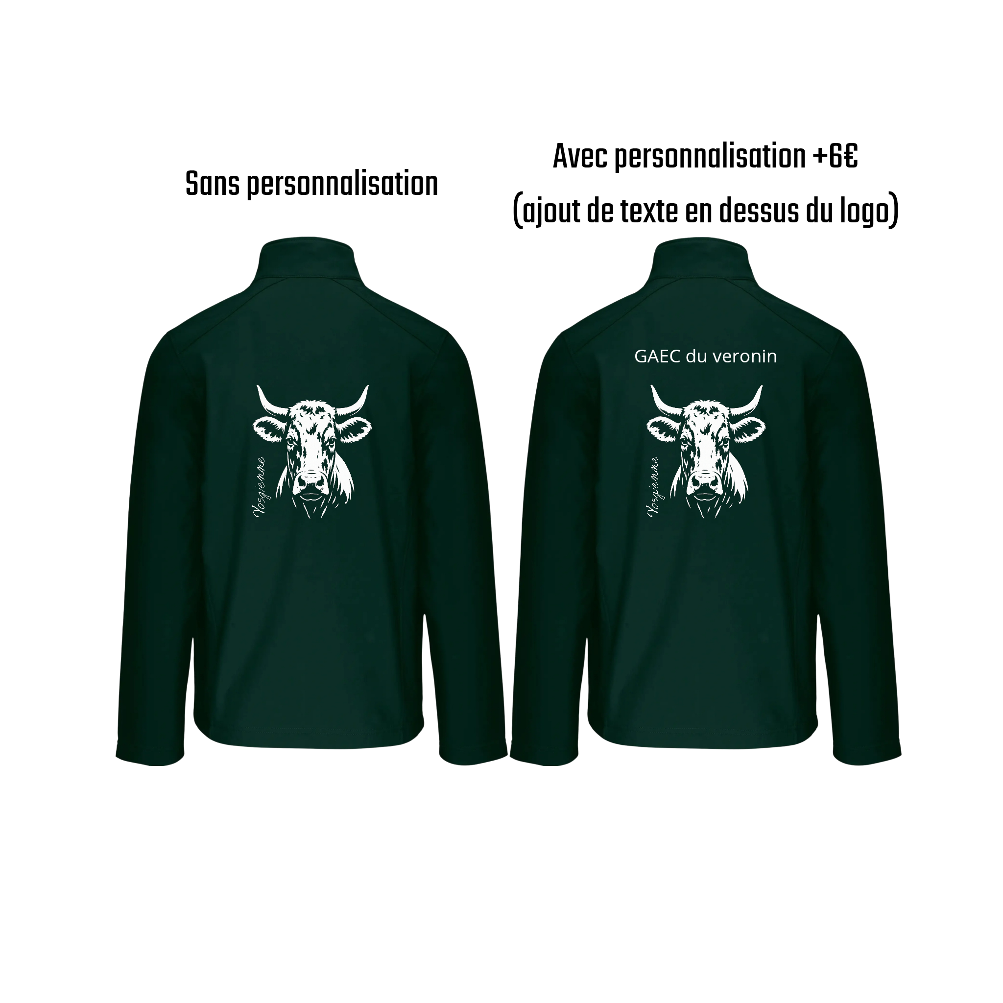 Vestes softshell vert agriculture personnalisable - tête de vache et engin agricole