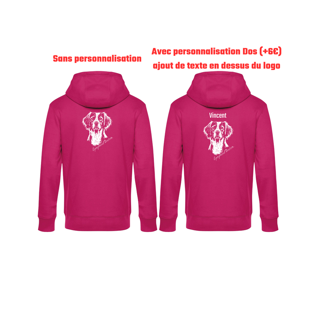 Pull à capuche fushia chasse personnalisable - tête de chien et gibier