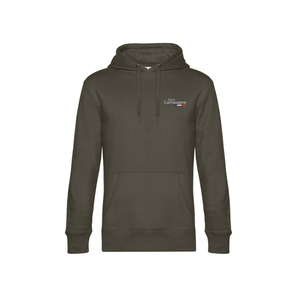 Pull à capuche kaki agriculture personnalisable - tête de vache et engin agricole