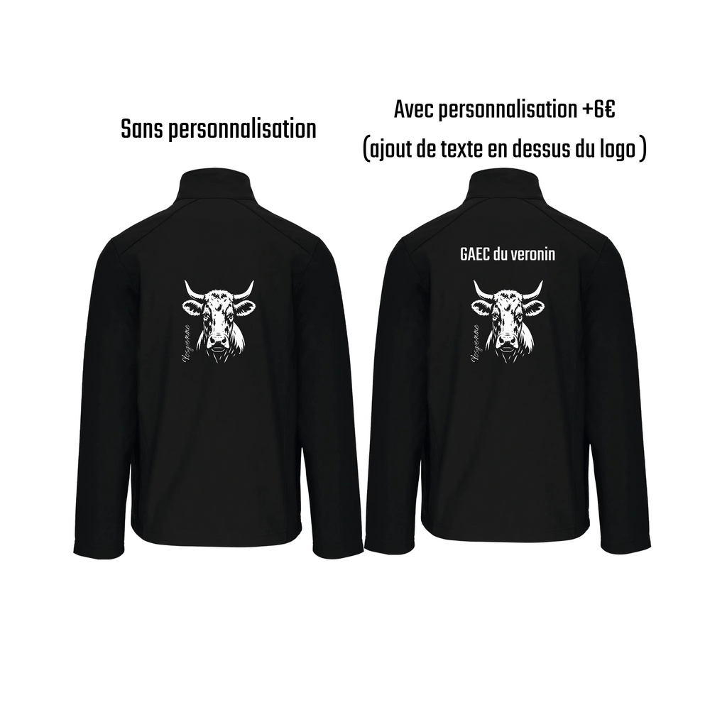Vestes softshell noir agriculture personnalisable - tête de vache et engin agricole