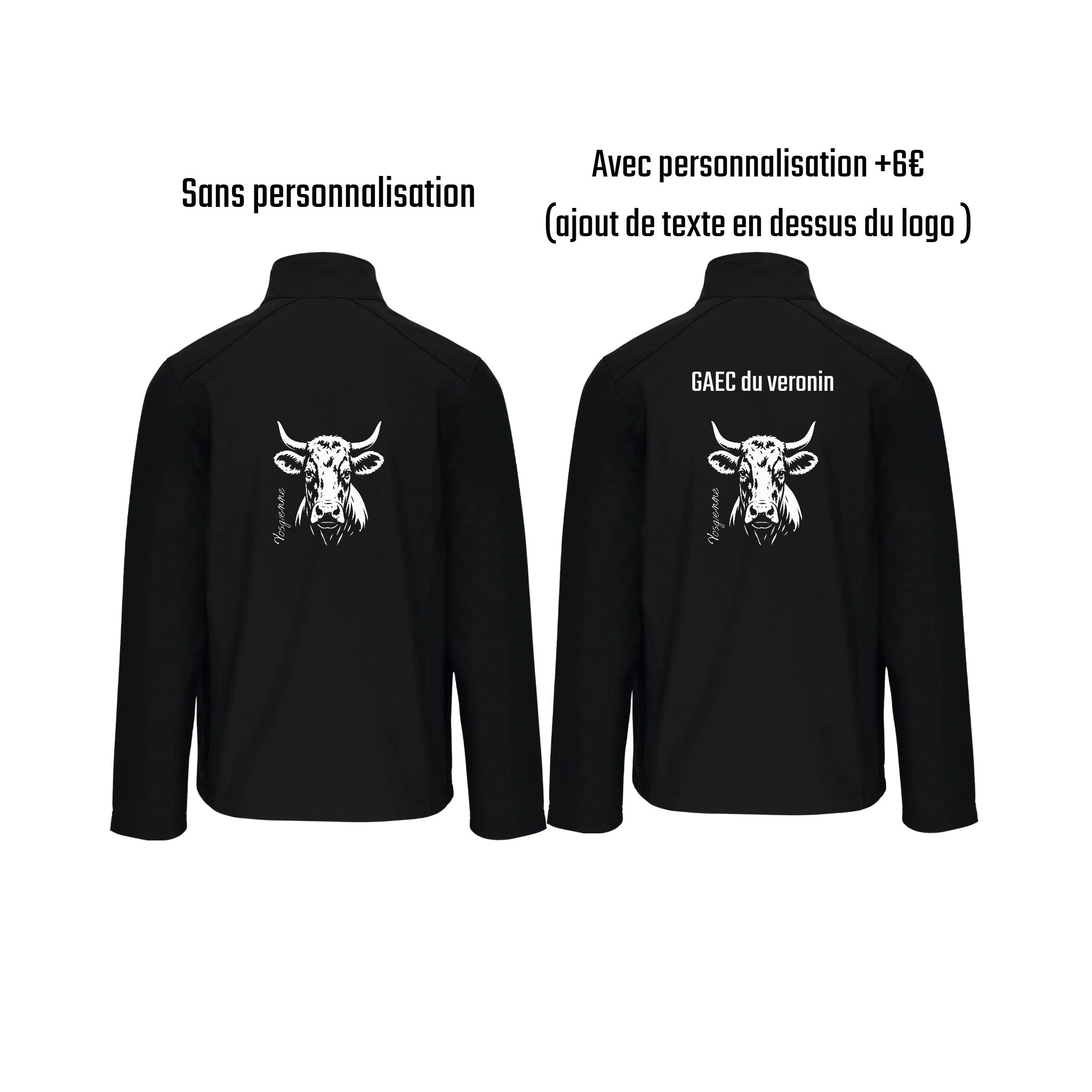 Vestes softshell noir agriculture personnalisable - tête de vache et engin agricole