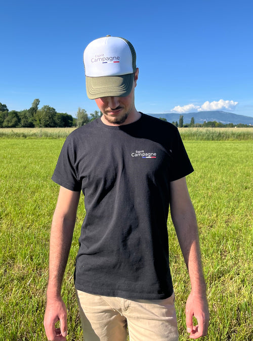 T-shirt noir agriculture personnalisable - tête de vache et engin agricole
