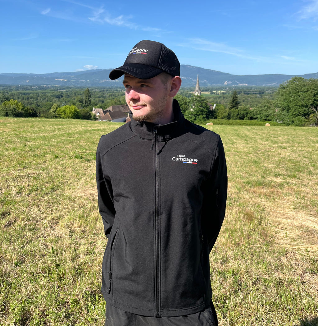 Vestes softshell noir agriculture personnalisable - tête de vache et engin agricole
