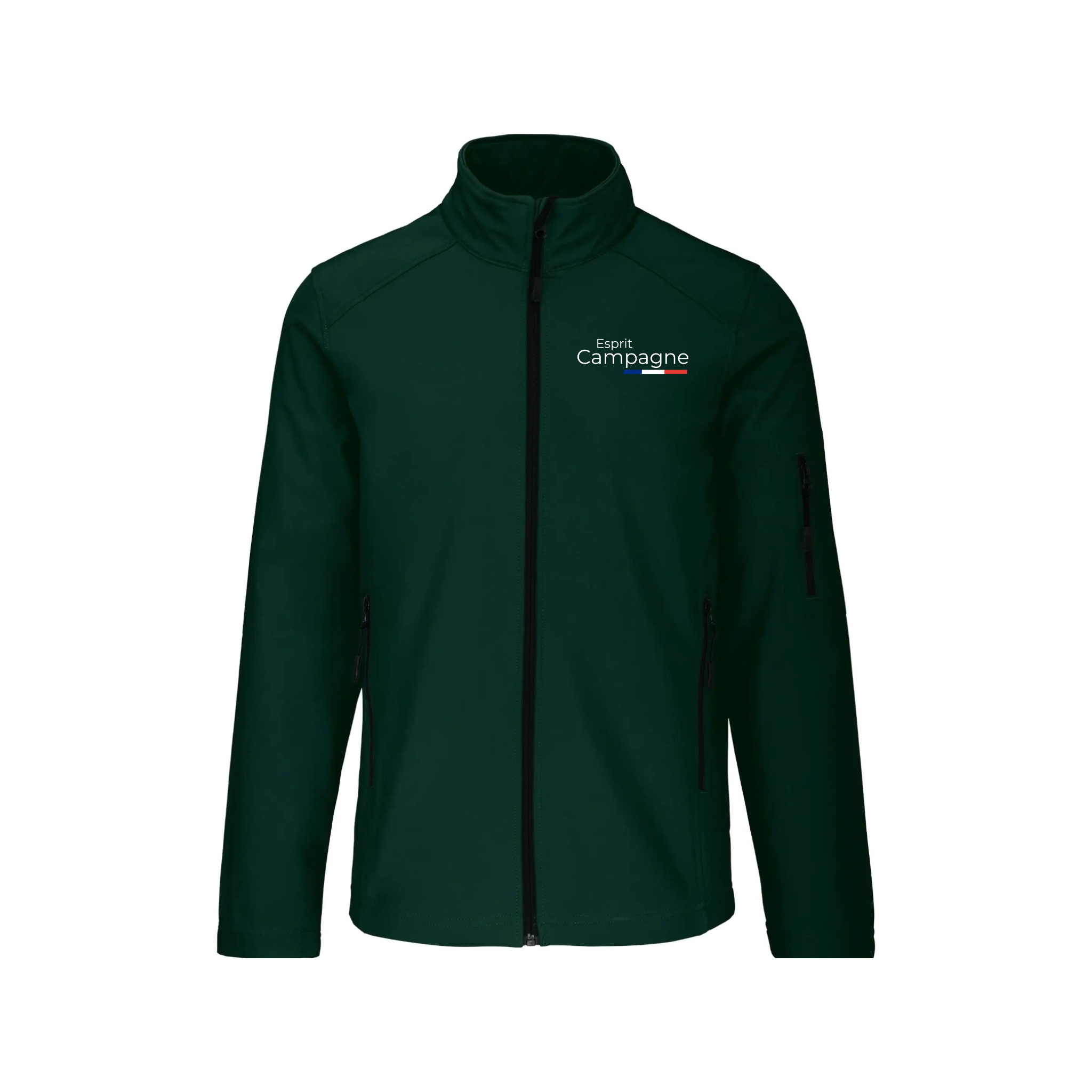 Vestes softshell vert agriculture personnalisable - tête de vache et engin agricole