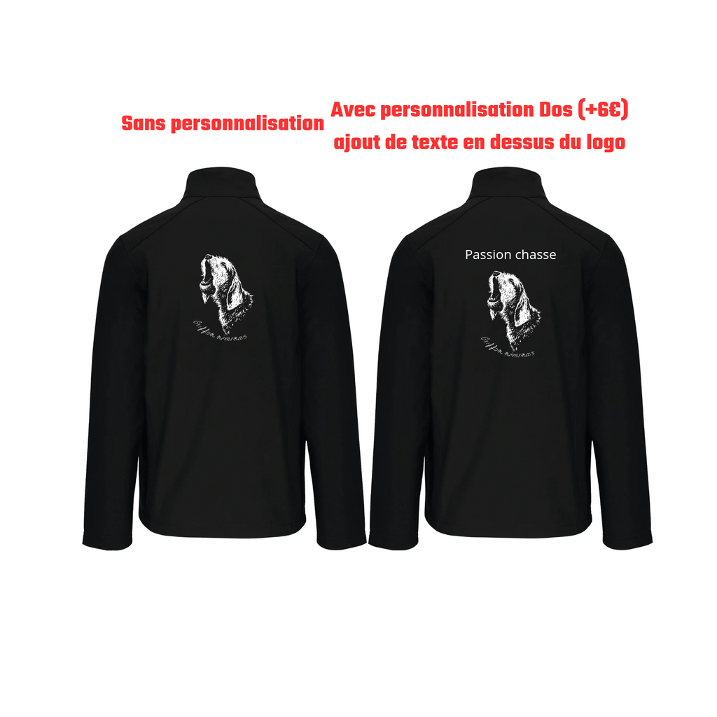 Vestes softshell noir chasse personnalisable - tête de chien et gibier