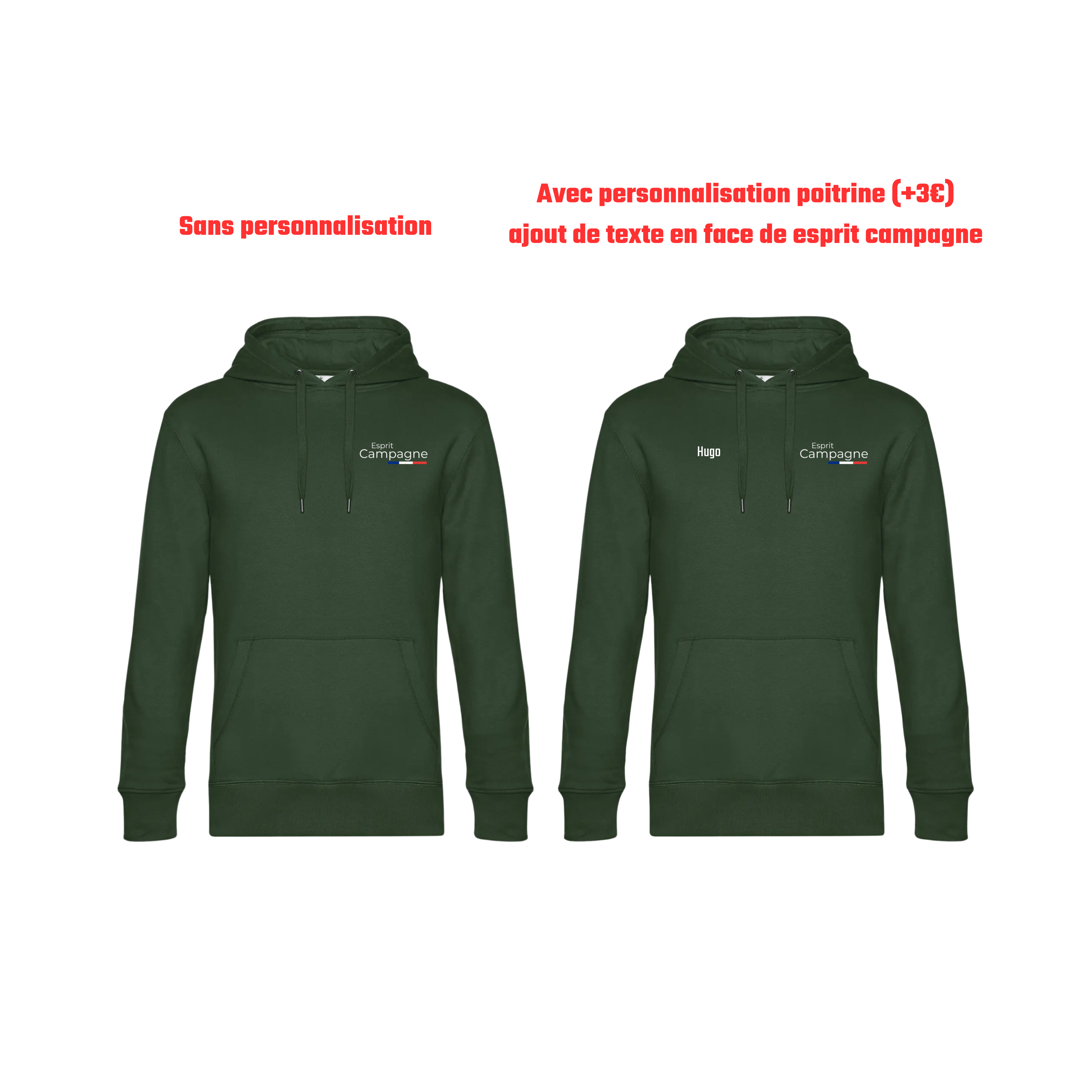 Pull à capuche vert chasse personnalisable - tête de chien et gibier