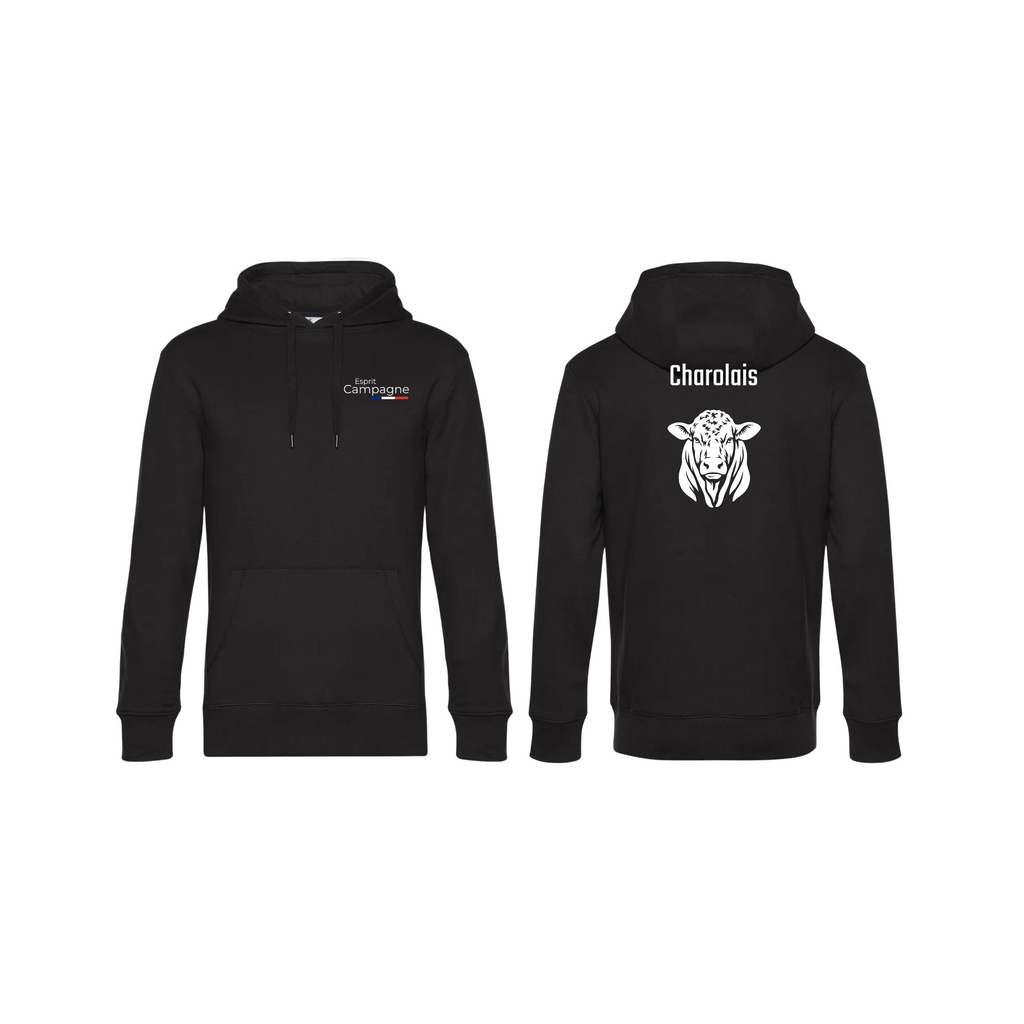 Pull à capuche noir agriculture personnalisable - tête de vache et engin agricole