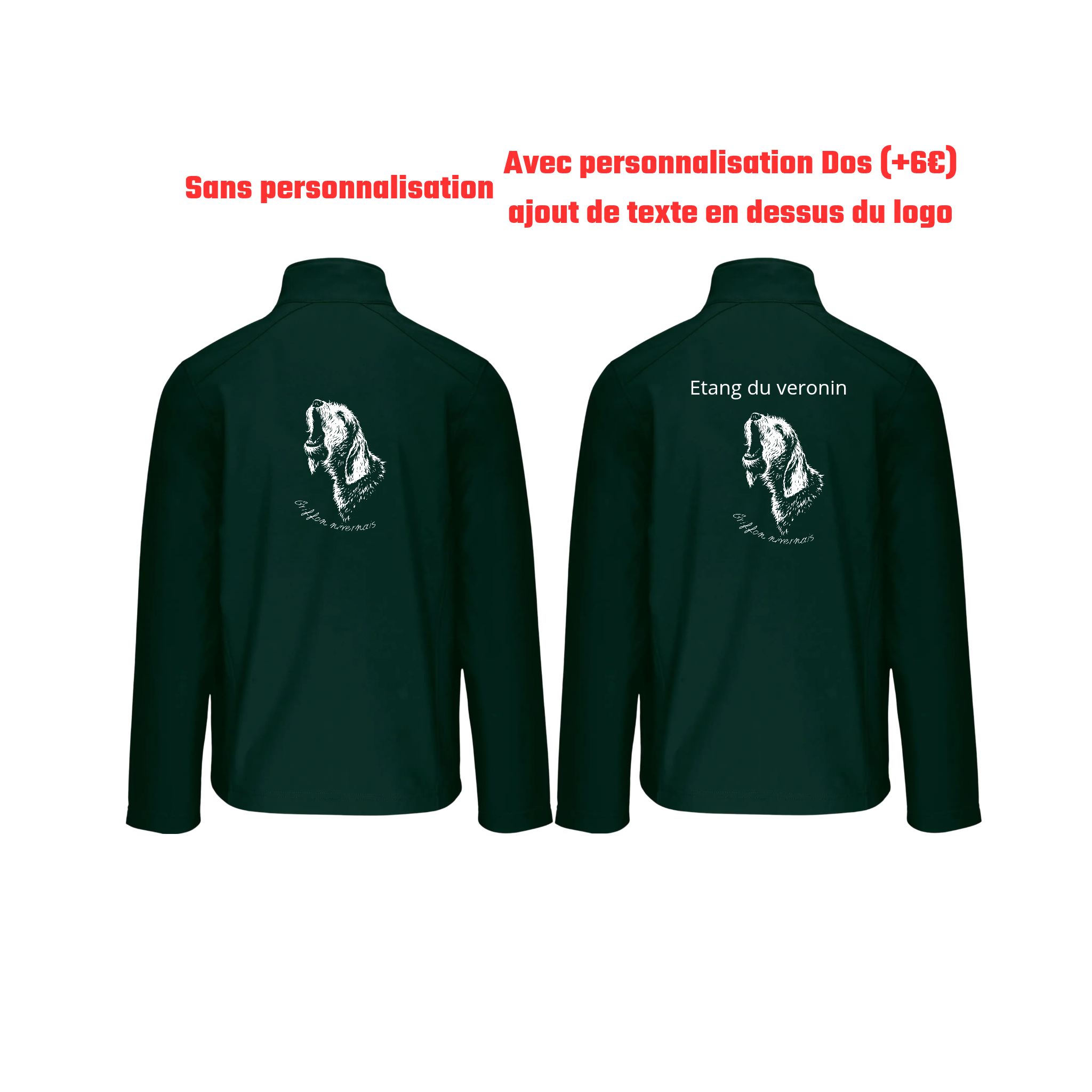 Vestes softshell vert chasse personnalisable - tête de chien et gibier