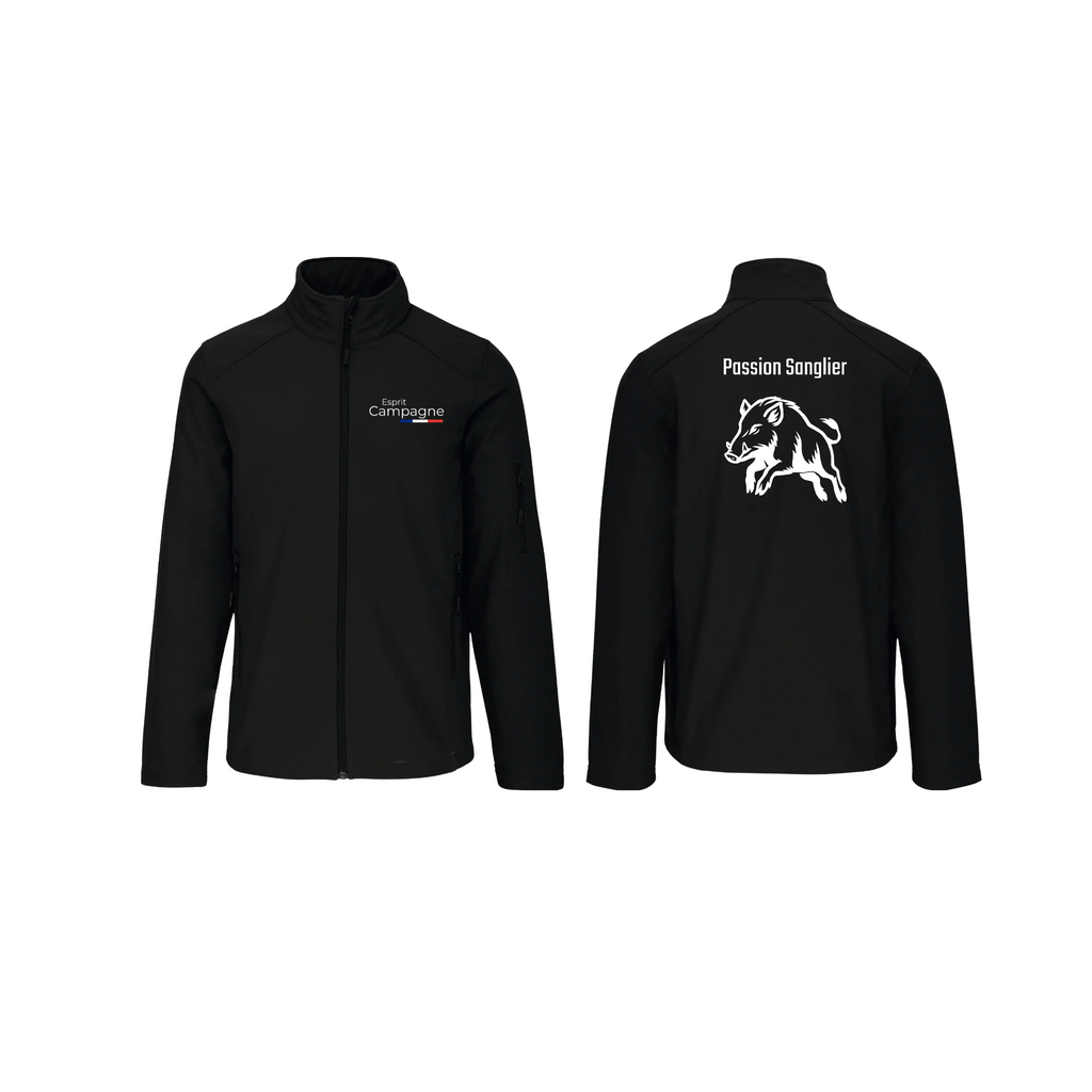 Vestes softshell noir chasse personnalisable - tête de chien et gibier