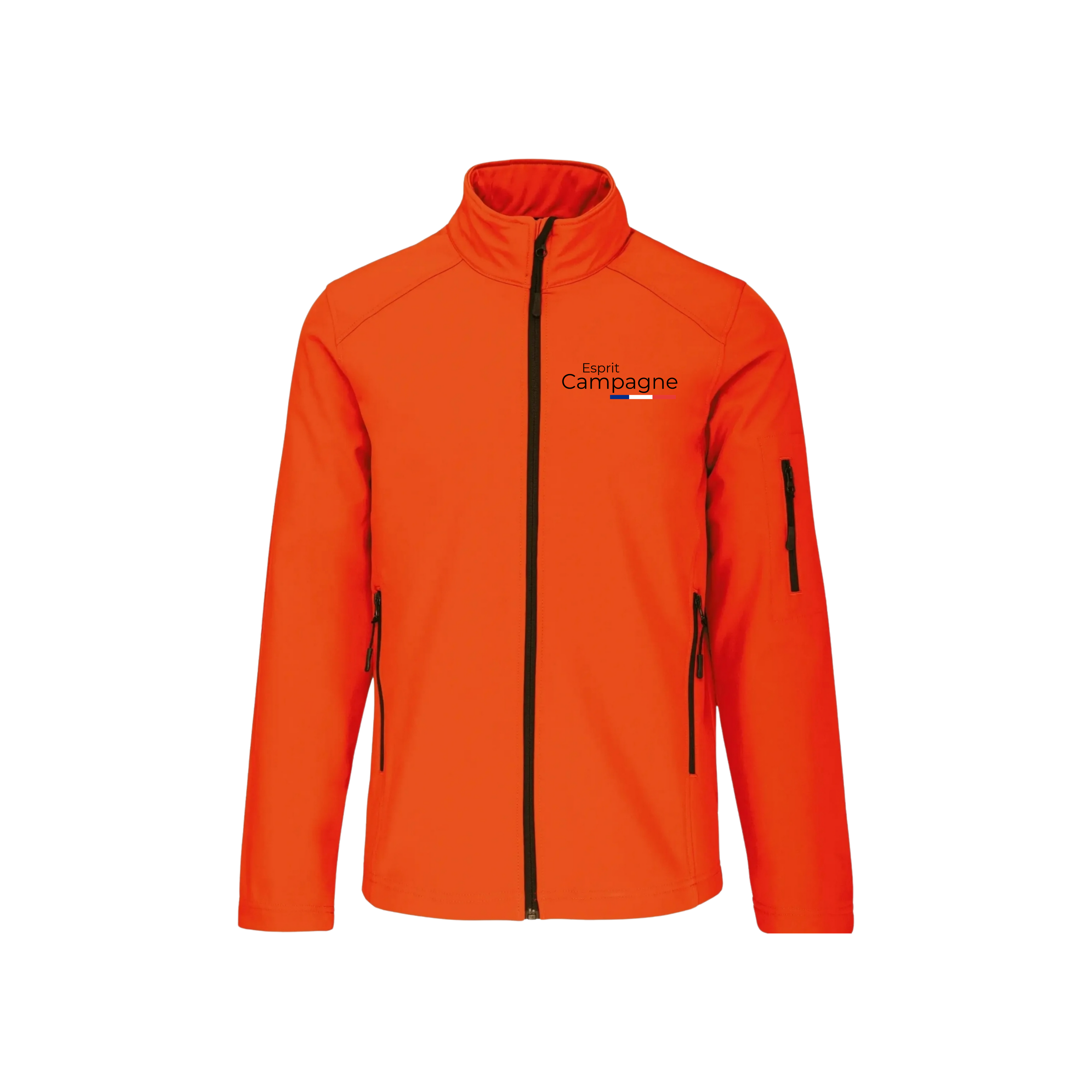 Vestes softshell orange chasse personnalisable - tête de chien et gibier